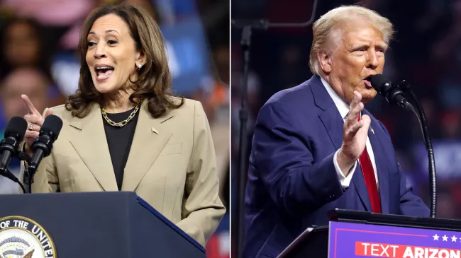 Side by side of Kamala Harris and Donald Trump speaking at campaign rallies.
